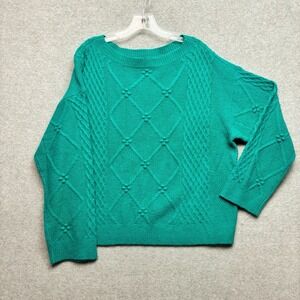 Ann Taylor Relaxed Cable Knit Sweater XL Teal Fisherman 90s Boatneck